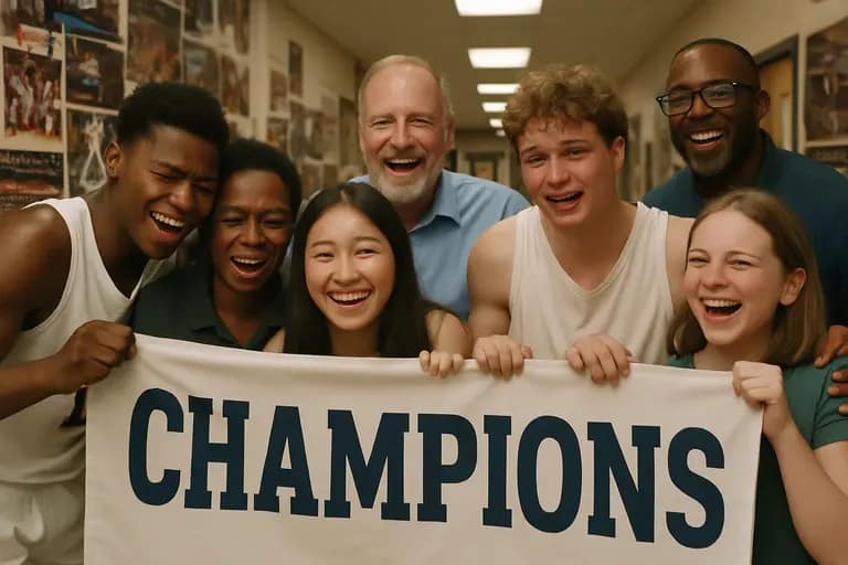 Students and families gather in a packed high school gym after a championship season