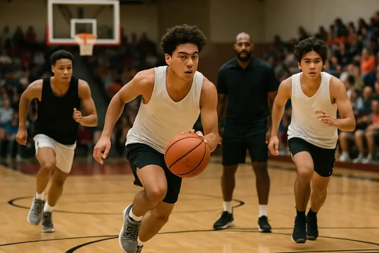Young basketball players run a drill while a coach watches from the lane