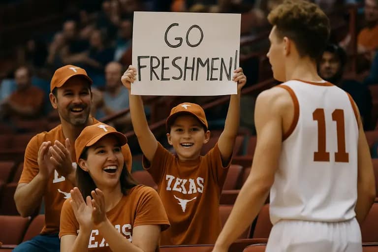 Parents and players watching a college basketball practice from the sideline