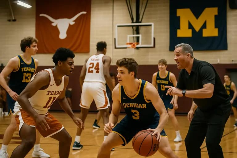 Basketball coach addressing players in a Texas gym before a big game