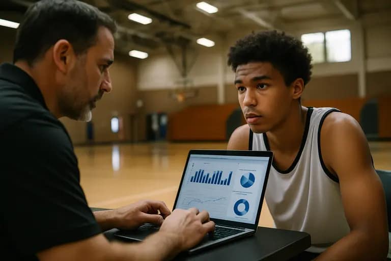 Coach reviews notes beside players on a bench during youth basketball competition