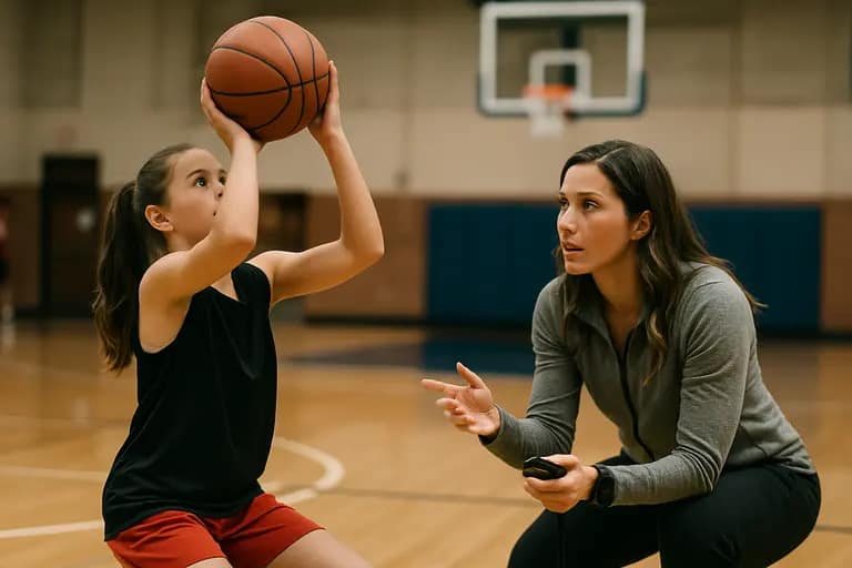 Girls basketball players working through a half-court drill