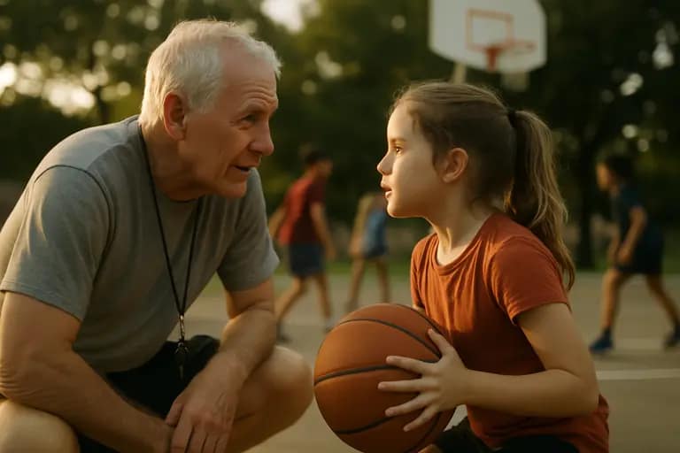 College students and children play basketball together on an outdoor court