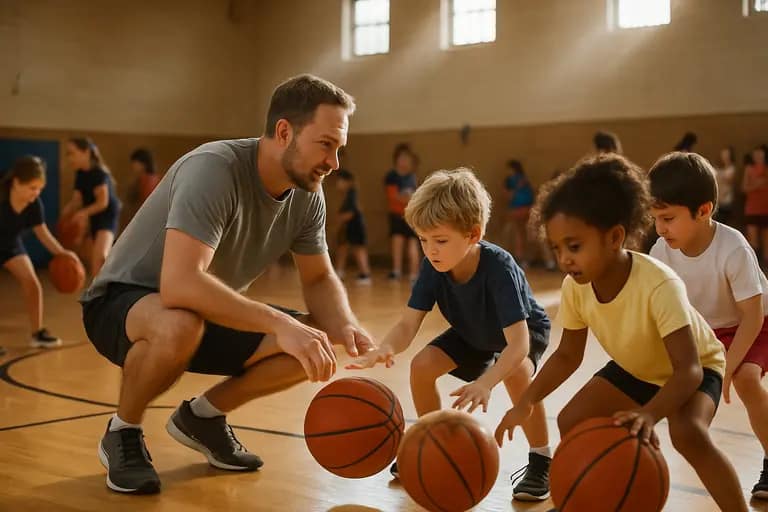 Young students practicing basketball in a school gym