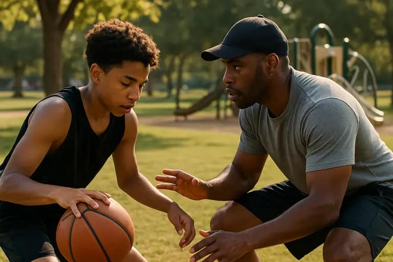 A coach teaches footwork to youth basketball players during practice