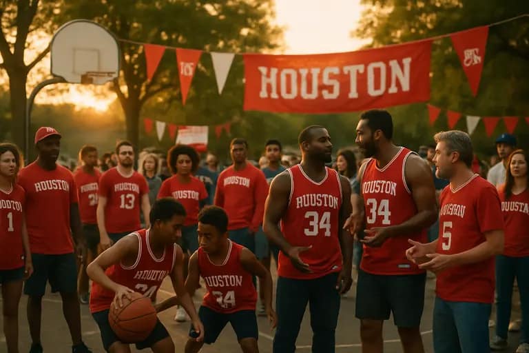 Families and students cheer from the stands during a Houston college basketball game