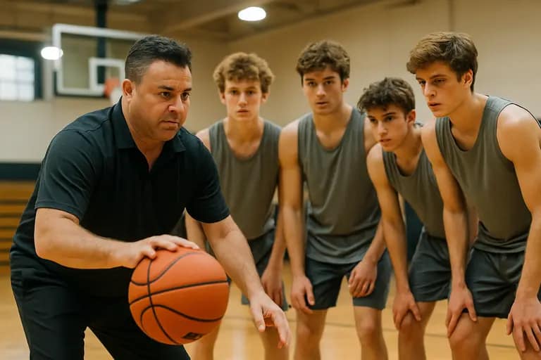 A coach instructing young basketball guards during a half-court drill