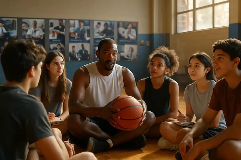 Youth basketball players practicing footwork with a coach in a Texas gym