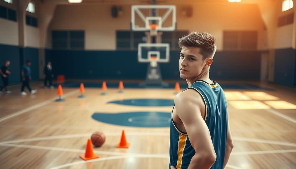 A basketball court scene showcasing a young, athletic player with a focus on spinal health. In the foreground, the player, dressed in a professional basketball uniform, demonstrates a light-exercise routine aimed at strengthening core and back muscles. His expression reflects determination and focus. In the middle ground, basketball gear such as a ball and cones are arranged, symbolizing training progression. The background features the court with a subtle gym ambiance, including faint silhouettes of teammates and coaches, emphasizing teamwork and rehabilitation. The lighting is warm yet bright, casting soft shadows that create a motivating atmosphere. Capture this dynamic moment from a slightly low angle to elevate the figure’s presence against the well-lit backdrop. A basketball court scene showcasing a young, athletic player with a focus on spinal health. In the foreground, the player, dressed in a professional basketball uniform, demonstrates a light-exercise routine aimed at strengthening core and back muscles. His expression reflects determination and focus. In the middle ground, basketball gear such as a ball and cones are arranged, symbolizing training progression. The background features the court with a subtle gym ambiance, including faint silhouettes of teammates and coaches, emphasizing teamwork and rehabilitation. The lighting is warm yet bright, casting soft shadows that create a motivating atmosphere. Capture this dynamic moment from a slightly low angle to elevate the figure’s presence against the well-lit backdrop.