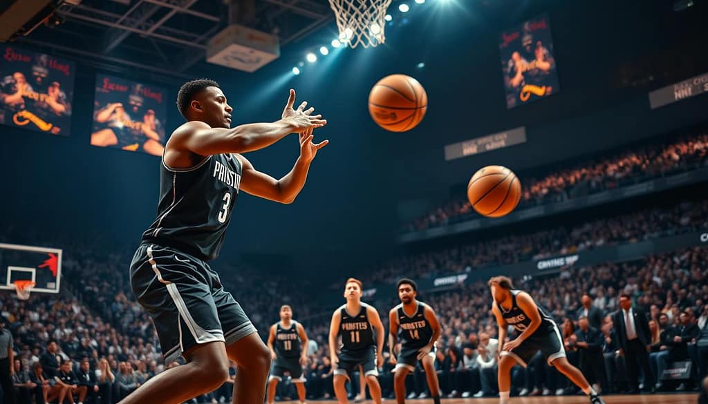 A dynamic basketball scene showcasing an advance pass in a high-energy game. In the foreground, a point guard in a sleek basketball uniform performs a precise advance pass, gracefully releasing the ball mid-motion. His expression exudes focus and determination, and he is flanked by teammates in matching uniforms, poised to receive the ball. In the middle ground, a few defenders are positioned, their stances ready to react, capturing the tension of the play. The background features a packed arena filled with cheering fans, illuminated by bright lights casting dramatic shadows. The image is captured with a slightly low-angle view, emphasizing the action, creating an atmosphere of excitement and strategic gameplay typical of modern basketball. The overall mood is intense and engaging, reflecting the dynamics of tempo control in basketball. A dynamic basketball scene showcasing an advance pass in a high-energy game. In the foreground, a point guard in a sleek basketball uniform performs a precise advance pass, gracefully releasing the ball mid-motion. His expression exudes focus and determination, and he is flanked by teammates in matching uniforms, poised to receive the ball. In the middle ground, a few defenders are positioned, their stances ready to react, capturing the tension of the play. The background features a packed arena filled with cheering fans, illuminated by bright lights casting dramatic shadows. The image is captured with a slightly low-angle view, emphasizing the action, creating an atmosphere of excitement and strategic gameplay typical of modern basketball. The overall mood is intense and engaging, reflecting the dynamics of tempo control in basketball.