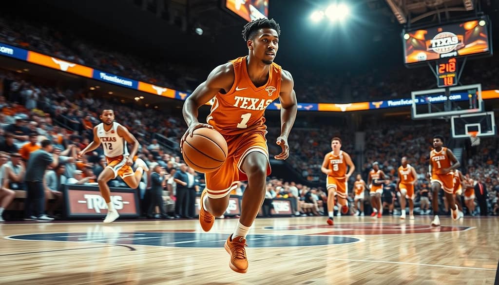A dynamic scene showcasing TJ Ford as a Texas Longhorns point guard, captured in a basketball court setting. In the foreground, Ford is dribbling the ball with a focused expression, emphasizing his exceptional handle and quick acceleration. His uniform is the iconic Longhorns orange and white, displaying athleticism and determination. In the middle ground, teammates and opponents are positioned around him, illustrating the fast-paced tempo of the game, with blurred motion effects to signify speed. The background features the vibrant atmosphere of a packed arena, with cheering fans and bright lights illuminating the action. The lighting should highlight Ford's athletic build while creating shadows that add depth. The atmosphere is electric, capturing the essence of competitive basketball. A dynamic scene showcasing TJ Ford as a Texas Longhorns point guard, captured in a basketball court setting. In the foreground, Ford is dribbling the ball with a focused expression, emphasizing his exceptional handle and quick acceleration. His uniform is the iconic Longhorns orange and white, displaying athleticism and determination. In the middle ground, teammates and opponents are positioned around him, illustrating the fast-paced tempo of the game, with blurred motion effects to signify speed. The background features the vibrant atmosphere of a packed arena, with cheering fans and bright lights illuminating the action. The lighting should highlight Ford's athletic build while creating shadows that add depth. The atmosphere is electric, capturing the essence of competitive basketball.
