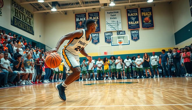 A dynamic basketball scene showcasing a talented Prairie View Interscholastic League player dribbling a basketball on a vibrant court. In the foreground, the athlete is wearing a sleek and modern team uniform, displaying agility and focus, mid-action as they prepare to pass or shoot. In the middle ground, a diverse group of enthusiastic high school teammates are cheering, dressed in team colors, showcasing camaraderie and support. The background features the iconic gymnasium filled with fans, banners celebrating Black history, and motivational sports imagery. The lighting is bright and energetic, highlighting the action and excitement of the game, while capturing a hopeful, inspiring atmosphere of aspiration towards HBCUs and professional basketball. The image uses a slightly angled perspective to enhance the depth and movement. A dynamic basketball scene showcasing a talented Prairie View Interscholastic League player dribbling a basketball on a vibrant court. In the foreground, the athlete is wearing a sleek and modern team uniform, displaying agility and focus, mid-action as they prepare to pass or shoot. In the middle ground, a diverse group of enthusiastic high school teammates are cheering, dressed in team colors, showcasing camaraderie and support. The background features the iconic gymnasium filled with fans, banners celebrating Black history, and motivational sports imagery. The lighting is bright and energetic, highlighting the action and excitement of the game, while capturing a hopeful, inspiring atmosphere of aspiration towards HBCUs and professional basketball. The image uses a slightly angled perspective to enhance the depth and movement.