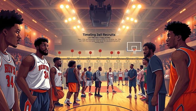 A dynamic illustration showcasing the timeline of desegregation in basketball recruiting shifts, featuring a blend of visual elements reflecting historic and modern contexts. In the foreground, diverse Black athletes in professional basketball attire are depicted during a recruiting event, interacting enthusiastically with coaches and scouts, conveying hope and opportunity. The middle section presents a timeline, with key milestones and dates highlighted, subtly integrating basketball icons and equipment for thematic emphasis. The background features a collegiate basketball court, illuminated by warm overhead lights, symbolizing inclusivity and progress. Use a cinematic angle to create depth, capturing a vibrant atmosphere filled with energy and anticipation. The overall mood conveys empowerment and unity in sports, celebrating the strides made in integrated basketball opportunities. A dynamic illustration showcasing the timeline of desegregation in basketball recruiting shifts, featuring a blend of visual elements reflecting historic and modern contexts. In the foreground, diverse Black athletes in professional basketball attire are depicted during a recruiting event, interacting enthusiastically with coaches and scouts, conveying hope and opportunity. The middle section presents a timeline, with key milestones and dates highlighted, subtly integrating basketball icons and equipment for thematic emphasis. The background features a collegiate basketball court, illuminated by warm overhead lights, symbolizing inclusivity and progress. Use a cinematic angle to create depth, capturing a vibrant atmosphere filled with energy and anticipation. The overall mood conveys empowerment and unity in sports, celebrating the strides made in integrated basketball opportunities.