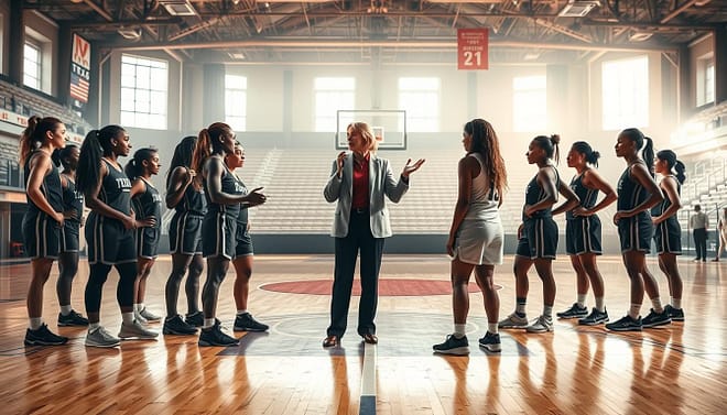 A dynamic scene illustrating the challenges of Title IX in Texas basketball. In the foreground, a diverse group of female basketball players, dressed in professional athletic gear, passionately discuss equity and resources while looking at a basketball court with worn-out lines. In the middle, a basketball coach, wearing business casual attire, gestures emphatically as she addresses the players, symbolizing mentorship. The background features a faded image of a historic Texas basketball arena, highlighting both past achievements and ongoing struggles. Soft, natural lighting filters through the arena's windows, creating a hopeful yet serious atmosphere that reflects the ongoing debates around perception and equity in women's sports. The angle captures the intensity of the discussion, inviting viewers to consider the complexities involved. A dynamic scene illustrating the challenges of Title IX in Texas basketball. In the foreground, a diverse group of female basketball players, dressed in professional athletic gear, passionately discuss equity and resources while looking at a basketball court with worn-out lines. In the middle, a basketball coach, wearing business casual attire, gestures emphatically as she addresses the players, symbolizing mentorship. The background features a faded image of a historic Texas basketball arena, highlighting both past achievements and ongoing struggles. Soft, natural lighting filters through the arena's windows, creating a hopeful yet serious atmosphere that reflects the ongoing debates around perception and equity in women's sports. The angle captures the intensity of the discussion, inviting viewers to consider the complexities involved.