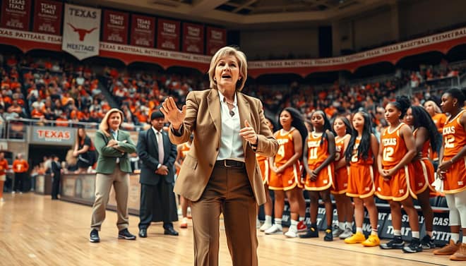 A dynamic scene of Jody Conradt, a pioneering female coach of Texas basketball, standing confidently on the sidelines of a college gymnasium. She is wearing a professional outfit, an elegant blazer and tailored slacks, exuding authority and passion. In the foreground, she passionately gestures towards her team during a timeout, her expression focused and determined. The middle ground features diverse female athletes in vibrant team uniforms, listening intently, showcasing diverse body types and hairstyles. The background reveals a packed audience in the stands, with banners celebrating Texas basketball heritage. The lighting captures the intensity of the moment, with a spotlight highlighting Conradt, creating a warm yet energetic atmosphere. A wide-angle perspective immerses the viewer in this pivotal moment of sports history. A dynamic scene of Jody Conradt, a pioneering female coach of Texas basketball, standing confidently on the sidelines of a college gymnasium. She is wearing a professional outfit, an elegant blazer and tailored slacks, exuding authority and passion. In the foreground, she passionately gestures towards her team during a timeout, her expression focused and determined. The middle ground features diverse female athletes in vibrant team uniforms, listening intently, showcasing diverse body types and hairstyles. The background reveals a packed audience in the stands, with banners celebrating Texas basketball heritage. The lighting captures the intensity of the moment, with a spotlight highlighting Conradt, creating a warm yet energetic atmosphere. A wide-angle perspective immerses the viewer in this pivotal moment of sports history.