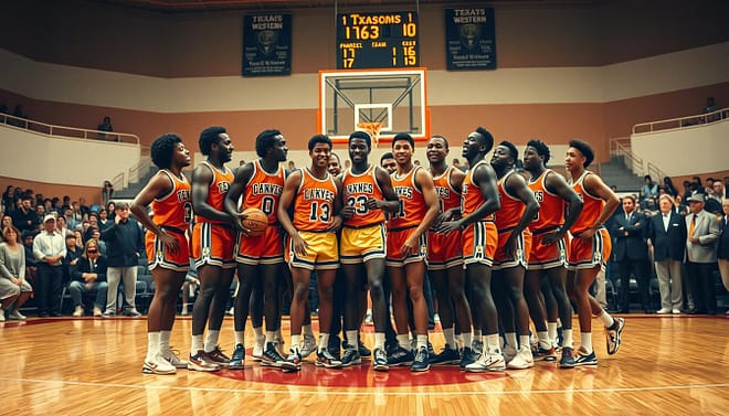 A historic basketball scene capturing the essence of the 1966 Texas Western championship, featuring an integrated team celebrating on the court. In the foreground, players of diverse backgrounds are depicted in vibrant, retro-style uniforms, showcasing camaraderie and triumph. The middle ground includes a diverse crowd in vintage attire, emphasizing the excitement of the moment. The background features the iconic basketball court, complete with a vintage scoreboard and subtly recognizable Texas Western branding. The atmosphere is charged with energy and pride, illuminated by warm, natural lighting that highlights the players' expressions of joy and unity. The image is framed with a slightly low angle, giving a sense of grandeur to the players and their achievement, while evoking the significant impact of this moment in basketball history. A historic basketball scene capturing the essence of the 1966 Texas Western championship, featuring an integrated team celebrating on the court. In the foreground, players of diverse backgrounds are depicted in vibrant, retro-style uniforms, showcasing camaraderie and triumph. The middle ground includes a diverse crowd in vintage attire, emphasizing the excitement of the moment. The background features the iconic basketball court, complete with a vintage scoreboard and subtly recognizable Texas Western branding. The atmosphere is charged with energy and pride, illuminated by warm, natural lighting that highlights the players' expressions of joy and unity. The image is framed with a slightly low angle, giving a sense of grandeur to the players and their achievement, while evoking the significant impact of this moment in basketball history.