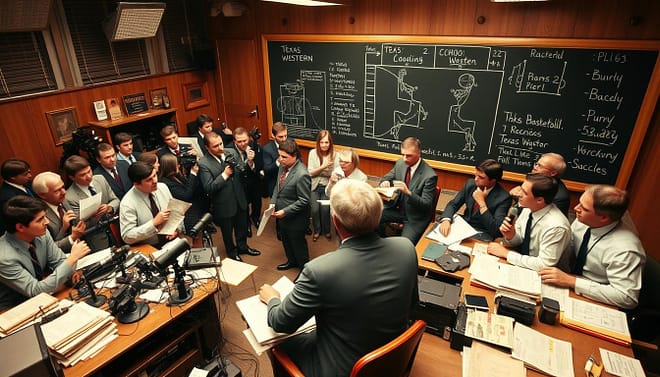 A historical scene capturing the reaction of Texas media coverage in 1966, featuring a lively newsroom filled with journalists wearing professional business attire, intently discussing the college basketball championship victory of Texas Western. The foreground showcases a wooden desk cluttered with newspapers, microphones, and cameras, while the middle ground depicts reporters animatedly gesturing and taking notes. In the background, a large chalkboard highlights the significant moments of the game with diagrams and scores. The lighting is bright and warm, simulating the bustling atmosphere of excitement and nostalgia. The angle is slightly elevated, providing a bird's-eye view of the newsroom dynamics, emphasizing the enthusiasm and transformative impact of the championship win on Texas basketball culture. A historical scene capturing the reaction of Texas media coverage in 1966, featuring a lively newsroom filled with journalists wearing professional business attire, intently discussing the college basketball championship victory of Texas Western. The foreground showcases a wooden desk cluttered with newspapers, microphones, and cameras, while the middle ground depicts reporters animatedly gesturing and taking notes. In the background, a large chalkboard highlights the significant moments of the game with diagrams and scores. The lighting is bright and warm, simulating the bustling atmosphere of excitement and nostalgia. The angle is slightly elevated, providing a bird's-eye view of the newsroom dynamics, emphasizing the enthusiasm and transformative impact of the championship win on Texas basketball culture.