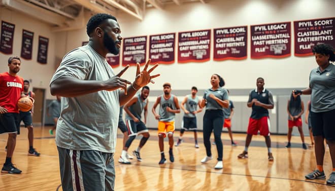 A vibrant and dynamic basketball practice scene showcasing a diverse group of high school coaches and players in action. In the foreground, a middle-aged Black male coach passionately demonstrates a drill, dressed in smart athletic apparel, exuding leadership and inspiration. In the middle, young players of various ethnicities practice intense moves, focused and engaged, while another coach, a Black female in a polo shirt, provides encouragement. The background features a well-lit gym with banners celebrating the achievements of the PVIL legacy, hardwood floors gleaming from soft overhead lighting. The atmosphere is electric, radiating teamwork, dedication, and the spirit of mentorship, captured from a low angle to emphasize the energy and commitment of the practice. A vibrant and dynamic basketball practice scene showcasing a diverse group of high school coaches and players in action. In the foreground, a middle-aged Black male coach passionately demonstrates a drill, dressed in smart athletic apparel, exuding leadership and inspiration. In the middle, young players of various ethnicities practice intense moves, focused and engaged, while another coach, a Black female in a polo shirt, provides encouragement. The background features a well-lit gym with banners celebrating the achievements of the PVIL legacy, hardwood floors gleaming from soft overhead lighting. The atmosphere is electric, radiating teamwork, dedication, and the spirit of mentorship, captured from a low angle to emphasize the energy and commitment of the practice.
