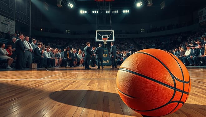A visually striking scene capturing the essence of NCAA history myths and facts. In the foreground, a vintage basketball resting on a wooden gym floor, symbolizing the past, surrounded by fragmented headlines, mythological figures, and historical icons from NCAA lore, subtly represented as shadows. The middle section features a diverse group of fans, dressed in professional business attire, intently watching a dramatic basketball game on an old-school television. In the background, a classic basketball arena filled with enthusiastic spectators, dimly lit with overhead spotlights illuminating the court, creating a nostalgic atmosphere. The color palette should evoke warmth and passion, highlighting the history and impact of the 1966 title game, while maintaining a sense of contemplation about myths versus facts. A visually striking scene capturing the essence of NCAA history myths and facts. In the foreground, a vintage basketball resting on a wooden gym floor, symbolizing the past, surrounded by fragmented headlines, mythological figures, and historical icons from NCAA lore, subtly represented as shadows. The middle section features a diverse group of fans, dressed in professional business attire, intently watching a dramatic basketball game on an old-school television. In the background, a classic basketball arena filled with enthusiastic spectators, dimly lit with overhead spotlights illuminating the court, creating a nostalgic atmosphere. The color palette should evoke warmth and passion, highlighting the history and impact of the 1966 title game, while maintaining a sense of contemplation about myths versus facts.
