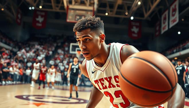 A Texas high school basketball player is in the foreground, intensely focused and dribbling the basketball with skill. He is wearing a traditional red and white jersey, exhibiting determination as he prepares for a crucial shot. Sweat glistens on his forehead, highlighting the pressure of the championship game. In the middle ground, blurred figures of teammates and opponents can be seen, their expressions a mix of tension and excitement. The background showcases a packed gymnasium, filled with cheering fans waving banners, under bright stadium lights that create dramatic shadows. The scene captures a moment of high stakes and emotion, framed from a low angle to emphasize the player's stature and the atmosphere of competition. The overall mood is charged with anticipation and the weight of the moment. A Texas high school basketball player is in the foreground, intensely focused and dribbling the basketball with skill. He is wearing a traditional red and white jersey, exhibiting determination as he prepares for a crucial shot. Sweat glistens on his forehead, highlighting the pressure of the championship game. In the middle ground, blurred figures of teammates and opponents can be seen, their expressions a mix of tension and excitement. The background showcases a packed gymnasium, filled with cheering fans waving banners, under bright stadium lights that create dramatic shadows. The scene captures a moment of high stakes and emotion, framed from a low angle to emphasize the player's stature and the atmosphere of competition. The overall mood is charged with anticipation and the weight of the moment.