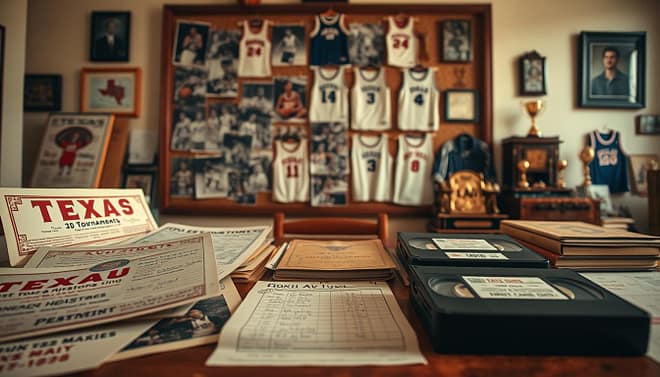 A detailed collection of Texas AAU history archive artifacts, displayed in an organized manner on a wooden table. In the foreground, vintage flyers showcasing past tournaments, player rosters with handwritten notes, and old VHS tapes labeled with game footage. The middle layer presents a backdrop of a corkboard filled with pinned photographs of past Texas AAU teams, capturing dynamic moments of players in action. In the background, a softly lit room adorned with basketball memorabilia, including framed jerseys and trophies. Utilize warm, natural lighting to create a nostalgic atmosphere, simulating a cozy archival space. The angle should be slightly elevated, allowing for a comprehensive view of the artifacts, evoking a sense of history and reverence for Texas hoop culture. A detailed collection of Texas AAU history archive artifacts, displayed in an organized manner on a wooden table. In the foreground, vintage flyers showcasing past tournaments, player rosters with handwritten notes, and old VHS tapes labeled with game footage. The middle layer presents a backdrop of a corkboard filled with pinned photographs of past Texas AAU teams, capturing dynamic moments of players in action. In the background, a softly lit room adorned with basketball memorabilia, including framed jerseys and trophies. Utilize warm, natural lighting to create a nostalgic atmosphere, simulating a cozy archival space. The angle should be slightly elevated, allowing for a comprehensive view of the artifacts, evoking a sense of history and reverence for Texas hoop culture.