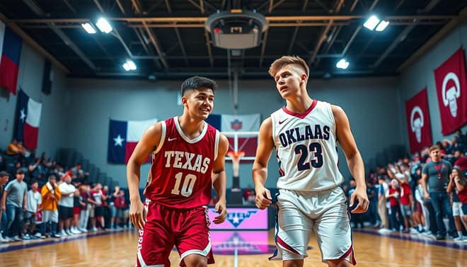 A dynamic basketball scene illustrating the player pipeline between Texas and Oklahoma. In the foreground, two high school basketball players are engaged in a friendly game; one wears a Texas high school jersey, and the other, an Oklahoma jersey, displaying passion and intensity. The court is adorned with colorful state flags in the background, blending elements of both Texan and Oklahoman culture. The middle ground features enthusiastic fans, wearing team colors and cheering, emphasizing the rivalry's spirit. The lighting is vibrant and dramatic, mimicking a classic gymnasium ambiance, with overhead spotlights illuminating the athletes. Capture this moment from a slightly elevated angle, conveying excitement and camaraderie, encapsulating the essence of basketball as a bridge between these two states. The atmosphere should feel competitive yet friendly, highlighting the importance of youth sports in connecting communities. A dynamic basketball scene illustrating the player pipeline between Texas and Oklahoma. In the foreground, two high school basketball players are engaged in a friendly game; one wears a Texas high school jersey, and the other, an Oklahoma jersey, displaying passion and intensity. The court is adorned with colorful state flags in the background, blending elements of both Texan and Oklahoman culture. The middle ground features enthusiastic fans, wearing team colors and cheering, emphasizing the rivalry's spirit. The lighting is vibrant and dramatic, mimicking a classic gymnasium ambiance, with overhead spotlights illuminating the athletes. Capture this moment from a slightly elevated angle, conveying excitement and camaraderie, encapsulating the essence of basketball as a bridge between these two states. The atmosphere should feel competitive yet friendly, highlighting the importance of youth sports in connecting communities.
