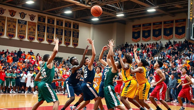 A dynamic high school basketball showdown in Texas, showcasing two rival teams in the heat of a game. In the foreground, a diverse group of players in brightly colored jerseys, passionately competing for the ball, demonstrating athleticism and teamwork. The middle ground features an excited crowd of fans, clad in team colors, cheering wildly with banners waving, encapsulating community spirit. In the background, a packed gymnasium filled with banners of past championships and local memorabilia, illuminated by bright spotlights highlighting the court. The atmosphere is electric, evoking a sense of pride and rivalry. Capture this moment with a slightly low-angle perspective to emphasize the intensity of the players, under warm lighting that conveys excitement.