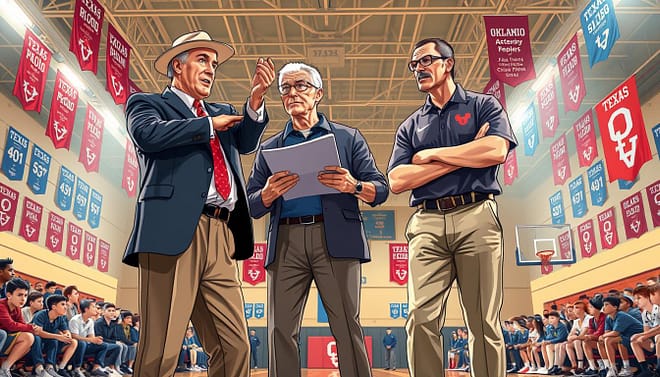 A dynamic illustration depicting two basketball coaches symbolizing the differing philosophies of Texas and Oklahoma high school basketball. In the foreground, a Texas coach, wearing a crisp suit with a team logo, passionately demonstrates a drill, his body language reflecting intensity and focus. In the middle ground, an Oklahoma coach in a smart polo and khakis observes thoughtfully, holding a clipboard that showcases strategic game plans. The background features a gymnasium filled with vibrant banners representing both states, under bright fluorescent lighting that casts dramatic shadows, enhancing the competitive atmosphere. The mood should feel tense yet collaborative, highlighting the rich traditions and contrasting styles of coaching in these border states, as spectators watch in anticipation. A dynamic illustration depicting two basketball coaches symbolizing the differing philosophies of Texas and Oklahoma high school basketball. In the foreground, a Texas coach, wearing a crisp suit with a team logo, passionately demonstrates a drill, his body language reflecting intensity and focus. In the middle ground, an Oklahoma coach in a smart polo and khakis observes thoughtfully, holding a clipboard that showcases strategic game plans. The background features a gymnasium filled with vibrant banners representing both states, under bright fluorescent lighting that casts dramatic shadows, enhancing the competitive atmosphere. The mood should feel tense yet collaborative, highlighting the rich traditions and contrasting styles of coaching in these border states, as spectators watch in anticipation.