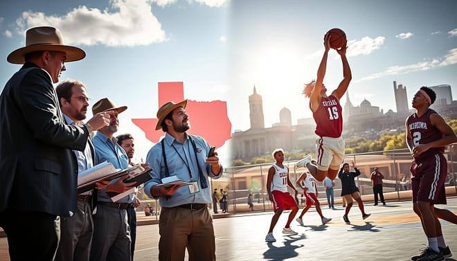 A dynamic scene depicting the intense recruitment battle between Texas and Oklahoma high school basketball programs. In the foreground, a group of enthusiastic, professionally dressed scouts and coaches from both states are passionately discussing player stats, holding clipboards and laptops, exuding an atmosphere of competition and urgency. The middle ground features young athletes in basketball gear, showcasing their skills on an outdoor court, with one player making a dramatic dunk, capturing the excitement of the game. The background reveals a split view of the iconic Texas and Oklahoma landscapes, with notable landmarks subtly illustrating the rivalry. The lighting is bright and natural, hinting at a sunny day, with a slight lens flare to enhance the energy of the moment. The overall mood is vibrant and competitive, reflecting the high stakes of inter-state recruiting. A dynamic scene depicting the intense recruitment battle between Texas and Oklahoma high school basketball programs. In the foreground, a group of enthusiastic, professionally dressed scouts and coaches from both states are passionately discussing player stats, holding clipboards and laptops, exuding an atmosphere of competition and urgency. The middle ground features young athletes in basketball gear, showcasing their skills on an outdoor court, with one player making a dramatic dunk, capturing the excitement of the game. The background reveals a split view of the iconic Texas and Oklahoma landscapes, with notable landmarks subtly illustrating the rivalry. The lighting is bright and natural, hinting at a sunny day, with a slight lens flare to enhance the energy of the moment. The overall mood is vibrant and competitive, reflecting the high stakes of inter-state recruiting.