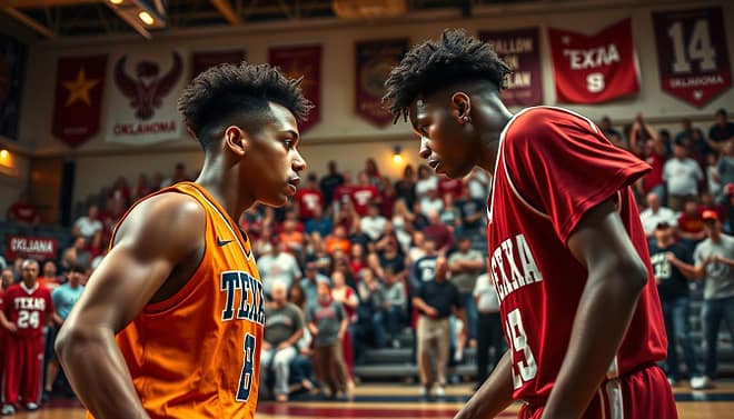 A high-energy basketball court scene capturing the intense rivalry between Texas and Oklahoma high school teams. In the foreground, two diverse teenage players in team jerseys—one in a burnt orange Texas jersey and the other in crimson Oklahoma colors—face off, showcasing determination and athleticism. The middle layer features passionate fans in the stands, waving banners and wearing team apparel, creating a vibrant atmosphere. The background displays an old gym adorned with memorabilia and lights, enhancing the nostalgic feel of the event. Dramatic sidelight casts shadows, emphasizing the players' muscles in action. The angle captures both athletes in a dynamic action shot, evoking excitement and rivalry. The mood is charged, highlighting the importance of this legendary border sports competition. A high-energy basketball court scene capturing the intense rivalry between Texas and Oklahoma high school teams. In the foreground, two diverse teenage players in team jerseys—one in a burnt orange Texas jersey and the other in crimson Oklahoma colors—face off, showcasing determination and athleticism. The middle layer features passionate fans in the stands, waving banners and wearing team apparel, creating a vibrant atmosphere. The background displays an old gym adorned with memorabilia and lights, enhancing the nostalgic feel of the event. Dramatic sidelight casts shadows, emphasizing the players' muscles in action. The angle captures both athletes in a dynamic action shot, evoking excitement and rivalry. The mood is charged, highlighting the importance of this legendary border sports competition.