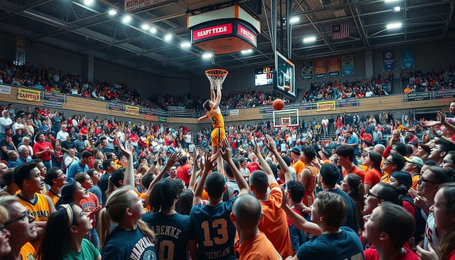 A thrilling high school basketball championship game in a packed Texas gymnasium. In the foreground, a diverse group of enthusiastic fans in colorful team jerseys passionately cheering, faces filled with excitement and anticipation. The middle ground showcases two high school teams in vibrant uniforms engaged in an intense play, one player soaring for a dramatic dunk while the other defends fiercely. The atmosphere is charged with energy, highlighted by colorful banners and signs celebrating school pride. In the background, a scoreboard displays the tense final moments of the game, under bright arena lights casting dramatic shadows. The image captures the essence of competition and community spirit, evoking nostalgia and the thrill of championship glory. Use a wide-angle lens to emphasize the crowded atmosphere and dynamic movement. A thrilling high school basketball championship game in a packed Texas gymnasium. In the foreground, a diverse group of enthusiastic fans in colorful team jerseys passionately cheering, faces filled with excitement and anticipation. The middle ground showcases two high school teams in vibrant uniforms engaged in an intense play, one player soaring for a dramatic dunk while the other defends fiercely. The atmosphere is charged with energy, highlighted by colorful banners and signs celebrating school pride. In the background, a scoreboard displays the tense final moments of the game, under bright arena lights casting dramatic shadows. The image captures the essence of competition and community spirit, evoking nostalgia and the thrill of championship glory. Use a wide-angle lens to emphasize the crowded atmosphere and dynamic movement.