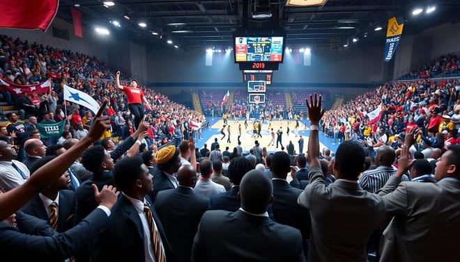 A vibrant Texas HBCU basketball rivalry game atmosphere, focusing on a packed gymnasium with enthusiastic fans wearing school colors, waving banners, and cheering passionately. In the foreground, capture a close-up of students and alumni in professional business attire, displaying intense emotions and camaraderie. In the middle, show the opposing teams on the court, poised to make competitive plays, while referees oversee the match. Bright spotlights illuminate the players, heightening the excitement. In the background, a scoreboard reflects the close score, adding tension to the scene. The overall mood is electrifying, filled with pride and unity, showcasing the rich heritage and spirited rivalry of Texas HBCU basketball. Use a wide-angle lens to encapsulate the dynamic energy of the crowd and players. A vibrant Texas HBCU basketball rivalry game atmosphere, focusing on a packed gymnasium with enthusiastic fans wearing school colors, waving banners, and cheering passionately. In the foreground, capture a close-up of students and alumni in professional business attire, displaying intense emotions and camaraderie. In the middle, show the opposing teams on the court, poised to make competitive plays, while referees oversee the match. Bright spotlights illuminate the players, heightening the excitement. In the background, a scoreboard reflects the close score, adding tension to the scene. The overall mood is electrifying, filled with pride and unity, showcasing the rich heritage and spirited rivalry of Texas HBCU basketball. Use a wide-angle lens to encapsulate the dynamic energy of the crowd and players.