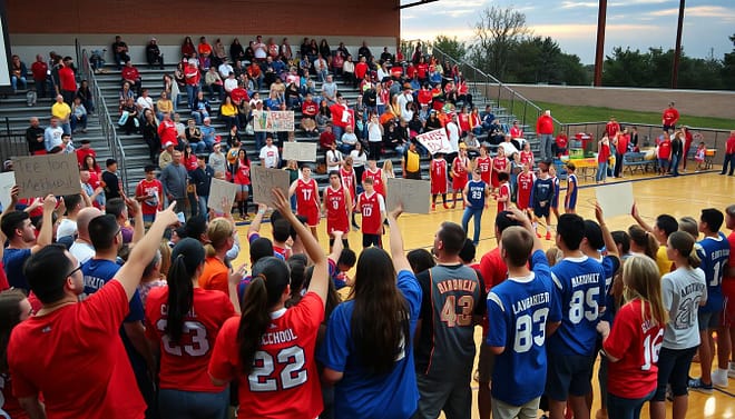A vibrant Texas high school basketball community unity event, showcasing fans wearing colorful team jerseys gathered at a basketball court. In the foreground, a diverse group of enthusiastic supporters, including families and students of various ethnicities, cheer together, holding up homemade signs and banners. In the middle ground, two high school basketball teams, one in bright red and the other in deep blue, are engaged in a spirited warm-up, interacting with coaches and teammates. The background features a packed bleacher filled with excited spectators and local vendors selling snacks and drinks, while a sunset casts a warm golden glow over the scene, creating an atmosphere of camaraderie and celebration. The image is captured with a wide-angle lens, focusing on the energy of the community, evoking feelings of unity and pride. A vibrant Texas high school basketball community unity event, showcasing fans wearing colorful team jerseys gathered at a basketball court. In the foreground, a diverse group of enthusiastic supporters, including families and students of various ethnicities, cheer together, holding up homemade signs and banners. In the middle ground, two high school basketball teams, one in bright red and the other in deep blue, are engaged in a spirited warm-up, interacting with coaches and teammates. The background features a packed bleacher filled with excited spectators and local vendors selling snacks and drinks, while a sunset casts a warm golden glow over the scene, creating an atmosphere of camaraderie and celebration. The image is captured with a wide-angle lens, focusing on the energy of the community, evoking feelings of unity and pride.