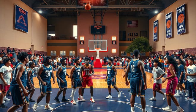 A vibrant basketball court set in a Texas HBCU environment, featuring an engaging scene with student-athletes in professional basketball attire, showcasing a mix of excitement and determination. In the foreground, a diverse group of players can be seen practicing and displaying teamwork, capturing their athleticism and spirit. The middle ground highlights the scoreboard and cheering fans, clad in school colors, embodying school pride. The background reveals the architectural beauty of a Texas HBCU campus with iconic buildings and banners celebrating basketball heritage. The scene is lit with warm, inviting light, creating a joyful atmosphere, captured with a wide-angle lens to emphasize the community vibe and energy of HBCU basketball today. A vibrant basketball court set in a Texas HBCU environment, featuring an engaging scene with student-athletes in professional basketball attire, showcasing a mix of excitement and determination. In the foreground, a diverse group of players can be seen practicing and displaying teamwork, capturing their athleticism and spirit. The middle ground highlights the scoreboard and cheering fans, clad in school colors, embodying school pride. The background reveals the architectural beauty of a Texas HBCU campus with iconic buildings and banners celebrating basketball heritage. The scene is lit with warm, inviting light, creating a joyful atmosphere, captured with a wide-angle lens to emphasize the community vibe and energy of HBCU basketball today.