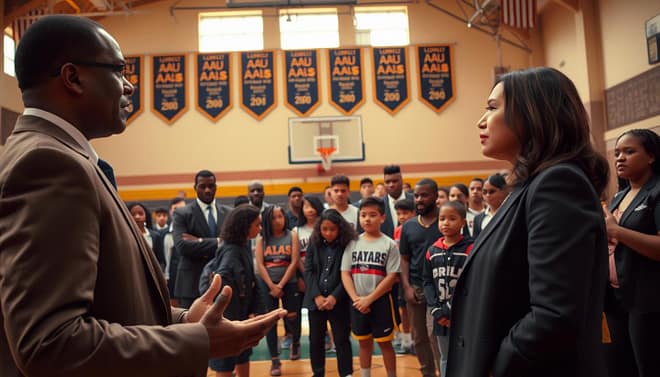 A vibrant community sports debate scene set in a Texas basketball gym, showcasing a diverse group of adults in professional business attire discussing concepts of development versus commercialization. In the foreground, a middle-aged African American male coach passionately gestures, while a Hispanic female community leader listens intently. In the middle ground, a group of enthusiastic parents and young athletes observe, revealing varying emotions—concern, hope, excitement. The background features a classic basketball court with banners representing local AAU teams, evoking a rich history and culture. Warm, ambient lighting fills the gym, while soft shadows hint at late afternoon sunlight filtering through windows. The mood reflects a mix of passion, urgency, and community spirit, capturing the essence of the ongoing debate in Texas Hoop Culture. A vibrant community sports debate scene set in a Texas basketball gym, showcasing a diverse group of adults in professional business attire discussing concepts of development versus commercialization. In the foreground, a middle-aged African American male coach passionately gestures, while a Hispanic female community leader listens intently. In the middle ground, a group of enthusiastic parents and young athletes observe, revealing varying emotions—concern, hope, excitement. The background features a classic basketball court with banners representing local AAU teams, evoking a rich history and culture. Warm, ambient lighting fills the gym, while soft shadows hint at late afternoon sunlight filtering through windows. The mood reflects a mix of passion, urgency, and community spirit, capturing the essence of the ongoing debate in Texas Hoop Culture.