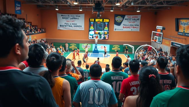 A vibrant scene capturing the essence of bilingual basketball broadcasts in the Rio Grande Valley. In the foreground, a diverse group of enthusiastic spectators, wearing team jerseys, watches intently, with a mix of expressions of excitement and focus. Middle ground features a basketball court with players in dynamic action, showcasing a blend of Mexican and American styles, emphasizing teamwork and skill. The background reveals a colorful scoreboard displaying the game stats, with banners highlighting local sports pages and bilingual text. Use soft, warm lighting to evoke a lively atmosphere, shot with a wide-angle lens to include the crowd and the energetic gameplay. The mood is celebratory, reflecting the rich cultural tapestry of the region and the fusion of traditions in a community gathering. A vibrant scene capturing the essence of bilingual basketball broadcasts in the Rio Grande Valley. In the foreground, a diverse group of enthusiastic spectators, wearing team jerseys, watches intently, with a mix of expressions of excitement and focus. Middle ground features a basketball court with players in dynamic action, showcasing a blend of Mexican and American styles, emphasizing teamwork and skill. The background reveals a colorful scoreboard displaying the game stats, with banners highlighting local sports pages and bilingual text. Use soft, warm lighting to evoke a lively atmosphere, shot with a wide-angle lens to include the crowd and the energetic gameplay. The mood is celebratory, reflecting the rich cultural tapestry of the region and the fusion of traditions in a community gathering.