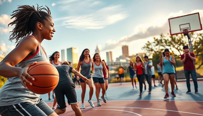 A vibrant scene of a Texas co-ed basketball league game unfolding on an outdoor court, showcasing diverse players in professional athletic attire. In the foreground, a determined young woman dribbles the ball with focus, her face showing intensity and joy. In the middle ground, teammates support her, while a few spectators cheer enthusiastically from the sidelines, capturing the sense of community and camaraderie. The background features a classic Texas skyline under a bright blue sky, with warm afternoon sunlight casting gentle shadows. The atmosphere is lively and spirited, evoking the essence of local sports culture. A wide-angle view captures the dynamic action, emphasizing both the players and the surrounding community setting. A vibrant scene of a Texas co-ed basketball league game unfolding on an outdoor court, showcasing diverse players in professional athletic attire. In the foreground, a determined young woman dribbles the ball with focus, her face showing intensity and joy. In the middle ground, teammates support her, while a few spectators cheer enthusiastically from the sidelines, capturing the sense of community and camaraderie. The background features a classic Texas skyline under a bright blue sky, with warm afternoon sunlight casting gentle shadows. The atmosphere is lively and spirited, evoking the essence of local sports culture. A wide-angle view captures the dynamic action, emphasizing both the players and the surrounding community setting.