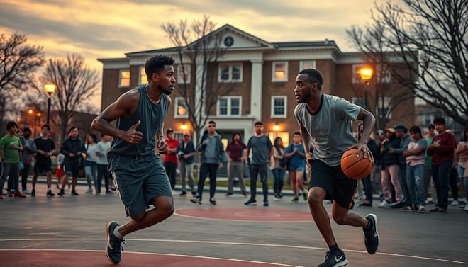 A vibrant urban basketball court scene during dusk, showcasing a diverse group of young athletes in modest athletic wear engaged in an intense pickup game. In the foreground, two players in mid-dribble display dynamic movements, with their facial expressions conveying determination and camaraderie. In the middle ground, spectators on the sidelines, including friends and family, cheer and interact, adding energy to the moment. The background features a classic school building illuminated by warm streetlights, emphasizing the connection between pickup culture and scholastic basketball. The lighting casts long shadows, creating a dramatic effect, while a wide-angle perspective captures the bustling atmosphere. The overall mood is lively and energetic, reflecting the transformative spirit of urban basketball. A vibrant urban basketball court scene during dusk, showcasing a diverse group of young athletes in modest athletic wear engaged in an intense pickup game. In the foreground, two players in mid-dribble display dynamic movements, with their facial expressions conveying determination and camaraderie. In the middle ground, spectators on the sidelines, including friends and family, cheer and interact, adding energy to the moment. The background features a classic school building illuminated by warm streetlights, emphasizing the connection between pickup culture and scholastic basketball. The lighting casts long shadows, creating a dramatic effect, while a wide-angle perspective captures the bustling atmosphere. The overall mood is lively and energetic, reflecting the transformative spirit of urban basketball.