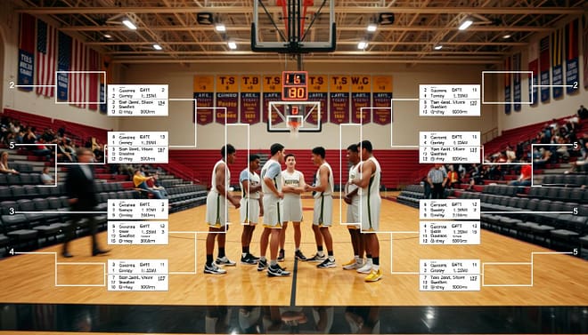A Texas high school district tournament bracket displayed prominently in a sleek and organized layout. The foreground features a detailed tournament bracket structure with clear, distinct lines, showcasing multiple teams advancing through the rounds, all set against a backdrop of a high school gymnasium with vibrant banners and seating. In the middle ground, a few players in modest athletic uniforms participate in a spirited huddle, discussing strategy, their expressions focused and determined. The background captures the atmosphere of excitement with bright gymnasium lighting illuminating the scene. The angle is slightly elevated, giving a comprehensive view of the bracket and the action unfolding. The overall mood is dynamic and competitive, emphasizing the importance of the tournament format and rules in shaping athletes' championship aspirations. A Texas high school district tournament bracket displayed prominently in a sleek and organized layout. The foreground features a detailed tournament bracket structure with clear, distinct lines, showcasing multiple teams advancing through the rounds, all set against a backdrop of a high school gymnasium with vibrant banners and seating. In the middle ground, a few players in modest athletic uniforms participate in a spirited huddle, discussing strategy, their expressions focused and determined. The background captures the atmosphere of excitement with bright gymnasium lighting illuminating the scene. The angle is slightly elevated, giving a comprehensive view of the bracket and the action unfolding. The overall mood is dynamic and competitive, emphasizing the importance of the tournament format and rules in shaping athletes' championship aspirations.