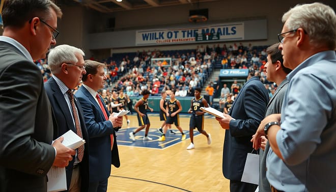 A bustling high school basketball tournament scene showcasing college recruiters in action. In the foreground, several recruiters in professional attire are intently observing a game, taking notes, and discussing prospects among themselves. The middle ground features young athletes skillfully competing on the court, displaying their talents with energy and determination. In the background, excited spectators fill the bleachers, creating a lively atmosphere filled with team colors and banners. Soft, natural lighting brightens the scene, capturing the intensity of the event, with a slight blur on the crowd to emphasize the players' fast movements. The lens is angled low to highlight both the recruiters and the game, conveying a sense of excitement and opportunity in the air.