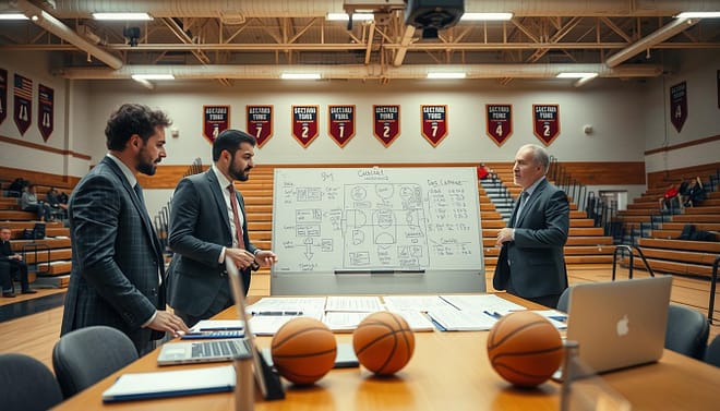 A dynamic and engaging scene depicting a high school coaching strategy meeting for a basketball tournament. In the foreground, a diverse group of three coaches in professional business attire, intensely discussing plans around a large whiteboard filled with diagrams and strategies. In the middle ground, a table with notebooks, laptops, and basketballs, suggesting preparation and teamwork. The background features a gymnasium with bleachers and banners showcasing school pride, softly lit by overhead fluorescent lights, creating an atmosphere of focus and ambition. A slight tilt angle captures the energy and urgency of the discussions, with warm lighting to enhance a sense of camaraderie and determination. A dynamic and engaging scene depicting a high school coaching strategy meeting for a basketball tournament. In the foreground, a diverse group of three coaches in professional business attire, intensely discussing plans around a large whiteboard filled with diagrams and strategies. In the middle ground, a table with notebooks, laptops, and basketballs, suggesting preparation and teamwork. The background features a gymnasium with bleachers and banners showcasing school pride, softly lit by overhead fluorescent lights, creating an atmosphere of focus and ambition. A slight tilt angle captures the energy and urgency of the discussions, with warm lighting to enhance a sense of camaraderie and determination.