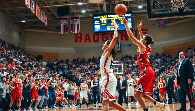 A dynamic high school basketball tournament scene centered in a packed gymnasium filled with intense energy and enthusiastic fans. In the foreground, two players in vibrant team uniforms engage in an electrifying play, showcasing their athleticism and skill. One player leaps for a shot, while the other intensely defends, heightening the competitive atmosphere. In the middle ground, additional players and coaches react, some cheering while others strategize, all dressed in professional athletic gear. The background reveals banners of various high schools hanging from the rafters, with a scoreboard prominently displaying the game score. The lighting is bright and focused on the court, highlighting the action, while soft shadows hint at the bustling crowd. Capture the excitement and spirit of Texas high school basketball tournaments, emphasizing talent and teamwork. A dynamic high school basketball tournament scene centered in a packed gymnasium filled with intense energy and enthusiastic fans. In the foreground, two players in vibrant team uniforms engage in an electrifying play, showcasing their athleticism and skill. One player leaps for a shot, while the other intensely defends, heightening the competitive atmosphere. In the middle ground, additional players and coaches react, some cheering while others strategize, all dressed in professional athletic gear. The background reveals banners of various high schools hanging from the rafters, with a scoreboard prominently displaying the game score. The lighting is bright and focused on the court, highlighting the action, while soft shadows hint at the bustling crowd. Capture the excitement and spirit of Texas high school basketball tournaments, emphasizing talent and teamwork.