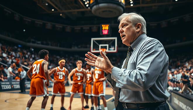 A dynamic scene capturing Don Haskins on the sidelines during a pivotal basketball game, showcasing his intense focus and strategic mind. In the foreground, Haskins, a middle-aged man in professional coaching attire, passionately gestures towards his players on the court. In the middle ground, a diverse group of players in classic Texas Western uniforms are engaged in a heated play, emphasizing teamwork and determination. The background features a packed arena with excited fans, showcasing banners and team colors, creating an electric atmosphere. The lighting is bright and dramatic, highlighting Haskins' expression of belief and motivation, while a low-angle perspective adds to the intensity of the moment. The overall mood conveys determination, legacy, and the spirit of Texas basketball. A dynamic scene capturing Don Haskins on the sidelines during a pivotal basketball game, showcasing his intense focus and strategic mind. In the foreground, Haskins, a middle-aged man in professional coaching attire, passionately gestures towards his players on the court. In the middle ground, a diverse group of players in classic Texas Western uniforms are engaged in a heated play, emphasizing teamwork and determination. The background features a packed arena with excited fans, showcasing banners and team colors, creating an electric atmosphere. The lighting is bright and dramatic, highlighting Haskins' expression of belief and motivation, while a low-angle perspective adds to the intensity of the moment. The overall mood conveys determination, legacy, and the spirit of Texas basketball.