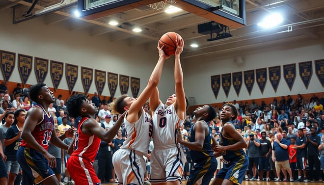A dynamic scene capturing a high school basketball game in overtime, showcasing athletes in vibrant team jerseys engaged in intense gameplay. In the foreground, a diverse group of players competes for a crucial rebound under the bright gymnasium lights, their expressions filled with determination and focus. The middle ground features a lively crowd of passionate fans, some standing and cheering while others hold their breath, creating an electric atmosphere. In the background, banners celebrating school spirit and past victories hang on the walls. The lighting is bright and dramatic, emphasizing the high stakes of the moment. This scene conveys a powerful sense of anticipation and energy, highlighting the thrill of overtime marathons in high school basketball history. A dynamic scene capturing a high school basketball game in overtime, showcasing athletes in vibrant team jerseys engaged in intense gameplay. In the foreground, a diverse group of players competes for a crucial rebound under the bright gymnasium lights, their expressions filled with determination and focus. The middle ground features a lively crowd of passionate fans, some standing and cheering while others hold their breath, creating an electric atmosphere. In the background, banners celebrating school spirit and past victories hang on the walls. The lighting is bright and dramatic, emphasizing the high stakes of the moment. This scene conveys a powerful sense of anticipation and energy, highlighting the thrill of overtime marathons in high school basketball history.
