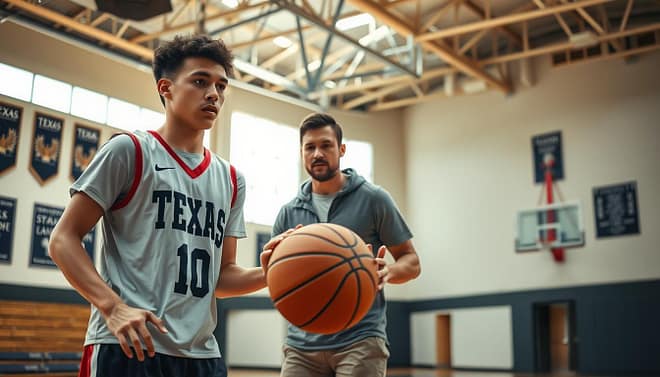A dynamic scene depicting a Texas high school basketball player in a professional training environment, illustrating player development. In the foreground, a focused young athlete in a Texas high school jersey practices dribbling a basketball while wearing modest athletic apparel. The middle ground features a knowledgeable coach providing feedback and guidance, fostering a sense of mentorship. In the background, a well-equipped gymnasium with bright, natural lighting highlights the energetic atmosphere, showcasing banners and trophies that symbolize success and achievement. The composition should emphasize determination and growth, capturing the essence of aspiring athletes preparing for the next level in college basketball. Use a wide-angle lens to create depth and convey movement within the scene.