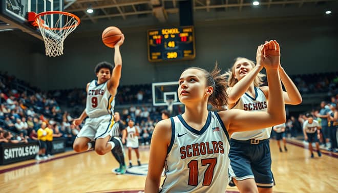 A dynamic scene on a high school basketball court, showcasing a diverse group of high school athletes in action. In the foreground, a male player with determination in his eyes leaps to make a slam dunk, wearing his school's colors and a numbered jersey. Beside him, a female athlete is poised to make a three-point shot, sweat glistening on her brow, embodying focus and intensity. In the middle ground, teammates applaud and cheer, capturing the camaraderie of the moment. The background features a packed gymnasium, with banners showcasing school pride and a scoreboard indicating the excitement of a close game. The lighting is bright and vibrant, highlighting the athletes' movements, with a slight motion blur to convey energy. The overall mood is one of triumph and passion, encapsulating the spirit of competition. A dynamic scene on a high school basketball court, showcasing a diverse group of high school athletes in action. In the foreground, a male player with determination in his eyes leaps to make a slam dunk, wearing his school's colors and a numbered jersey. Beside him, a female athlete is poised to make a three-point shot, sweat glistening on her brow, embodying focus and intensity. In the middle ground, teammates applaud and cheer, capturing the camaraderie of the moment. The background features a packed gymnasium, with banners showcasing school pride and a scoreboard indicating the excitement of a close game. The lighting is bright and vibrant, highlighting the athletes' movements, with a slight motion blur to convey energy. The overall mood is one of triumph and passion, encapsulating the spirit of competition.