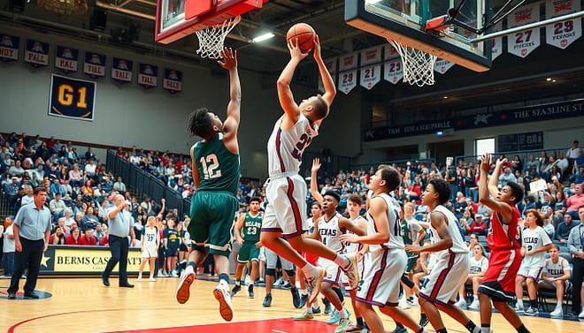 A high-energy high school basketball tournament scene capturing notable performances on the court. In the foreground, a diverse group of talented young athletes, wearing colorful jerseys, is intensely engaged in a dramatic, closely contested game. One player leaps gracefully for a slam dunk, their muscles tensed, showcasing athleticism. In the middle ground, enthusiastic fans are cheering passionately, some holding up signs, while coaches analyze plays nearby. The background features a packed gymnasium, with banners representing various schools hanging from the rafters. The lighting is bright and dynamic, highlighting the action with dramatic shadows. The mood is electric and inspiring, filled with determination and camaraderie, reflecting the essence of Texas high school basketball excellence. A high-energy high school basketball tournament scene capturing notable performances on the court. In the foreground, a diverse group of talented young athletes, wearing colorful jerseys, is intensely engaged in a dramatic, closely contested game. One player leaps gracefully for a slam dunk, their muscles tensed, showcasing athleticism. In the middle ground, enthusiastic fans are cheering passionately, some holding up signs, while coaches analyze plays nearby. The background features a packed gymnasium, with banners representing various schools hanging from the rafters. The lighting is bright and dynamic, highlighting the action with dramatic shadows. The mood is electric and inspiring, filled with determination and camaraderie, reflecting the essence of Texas high school basketball excellence.