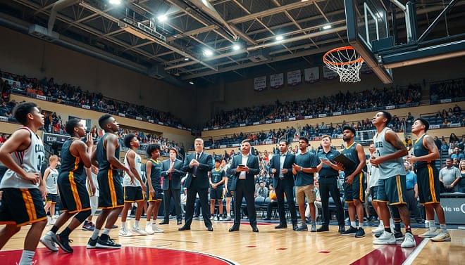 A high-stakes basketball tournament scene showcasing young players engaged in intense talent evaluation. In the foreground, a diverse group of athletes in professional sports attire— jerseys and shorts— displaying dynamic athletic movements, with one player making a slam dunk. In the middle ground, a group of coaches in suits and polo shirts observe closely, taking notes on clipboards, their expressions a mix of focus and excitement. The background features a packed gymnasium with enthusiastic spectators, banners hanging from the ceiling, and bright overhead lights illuminating the action, casting dramatic shadows. The atmosphere is charged with energy and anticipation, capturing the pivotal moment of player development amidst high-level competition. Shot with a wide-angle lens to enhance the depth of the scene. A high-stakes basketball tournament scene showcasing young players engaged in intense talent evaluation. In the foreground, a diverse group of athletes in professional sports attire— jerseys and shorts— displaying dynamic athletic movements, with one player making a slam dunk. In the middle ground, a group of coaches in suits and polo shirts observe closely, taking notes on clipboards, their expressions a mix of focus and excitement. The background features a packed gymnasium with enthusiastic spectators, banners hanging from the ceiling, and bright overhead lights illuminating the action, casting dramatic shadows. The atmosphere is charged with energy and anticipation, capturing the pivotal moment of player development amidst high-level competition. Shot with a wide-angle lens to enhance the depth of the scene.