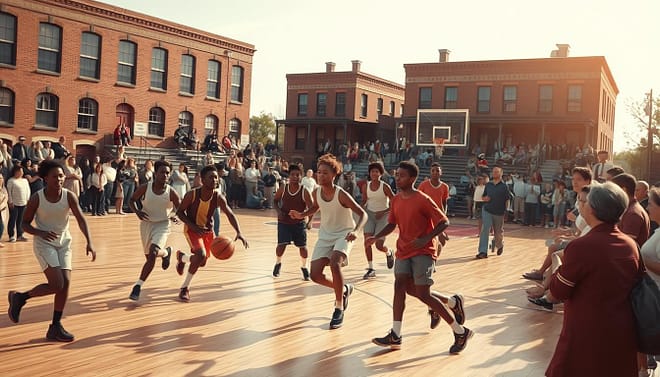 A historic basketball court in Texas during the early 20th century showcases a moment of integration and equality in sports. In the foreground, a diverse group of high school basketball players, including African American and Caucasian teens, compete passionately on the court, dressed in period-appropriate modest sports attire. The middle grounds feature spectators of varying backgrounds, excitedly cheering for the players, embodying unity and community spirit. The background includes classic brick school buildings and wooden bleachers, under a warm midday sun that casts soft shadows, lending a nostalgic atmosphere. The image captures dynamic action with a wide-angle lens, highlighting the players in motion, emphasizing teamwork and camaraderie, evoking a sense of hope and progressive change in Texas sports history. A historic basketball court in Texas during the early 20th century showcases a moment of integration and equality in sports. In the foreground, a diverse group of high school basketball players, including African American and Caucasian teens, compete passionately on the court, dressed in period-appropriate modest sports attire. The middle grounds feature spectators of varying backgrounds, excitedly cheering for the players, embodying unity and community spirit. The background includes classic brick school buildings and wooden bleachers, under a warm midday sun that casts soft shadows, lending a nostalgic atmosphere. The image captures dynamic action with a wide-angle lens, highlighting the players in motion, emphasizing teamwork and camaraderie, evoking a sense of hope and progressive change in Texas sports history.