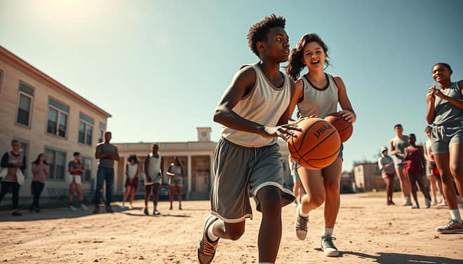 A historic high school basketball scene from early Texas, showcasing a diverse group of players, both Black and White, engaged in a spirited game on a dusty outdoor court. In the foreground, a young Black male player dribbles the ball confidently, wearing a classic, modest basketball uniform. Beside him, a White female player coordinates strategically, dressed in similarly styled sports attire. The middle ground features other teammates cheering and spectating with joy, reflecting a sense of unity and progress. The background reveals an old-fashioned school building under a bright blue sky, with a warm golden sunlight casting soft shadows, enhancing the hopeful mood. The photo is taken from a low angle to emphasize the players' determination, evoking a sense of historical significance and celebration of integration in sports. A historic high school basketball scene from early Texas, showcasing a diverse group of players, both Black and White, engaged in a spirited game on a dusty outdoor court. In the foreground, a young Black male player dribbles the ball confidently, wearing a classic, modest basketball uniform. Beside him, a White female player coordinates strategically, dressed in similarly styled sports attire. The middle ground features other teammates cheering and spectating with joy, reflecting a sense of unity and progress. The background reveals an old-fashioned school building under a bright blue sky, with a warm golden sunlight casting soft shadows, enhancing the hopeful mood. The photo is taken from a low angle to emphasize the players' determination, evoking a sense of historical significance and celebration of integration in sports.